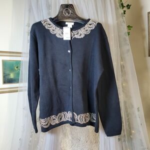 TIA Designs Vintage Cardigan Sweater USA Beaded Black Old Money Quiet Luxury L